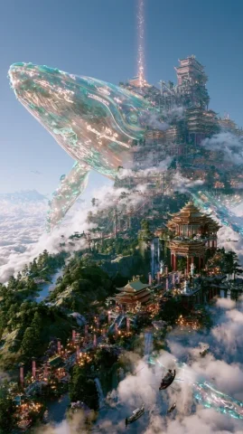 Celestial Whale Carrying Palace Kingdom — Nano Banana 2 AI Prompt: Cinematic establishing shot, ultra wide angle, 2.35:1 anamorphic. An unimaginabl...