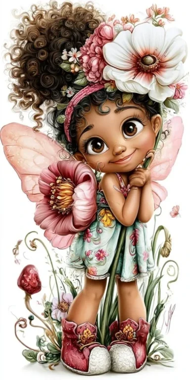 Winged Fairy Girl Holding Big Flower