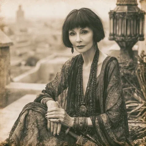 Bohemian Parisian on Marrakesh Rooftop — Nano Banana 2 AI Prompt: vintage postcard style photo of a very glamorous and bohemian 60 year old Parisi...