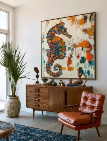 Bold Seahorse Canvas in Modern Interior — Nano Banana 2 AI Prompt: A large painting of 1 big sea horse, large brushstrokes, Anya Brock style and br...
