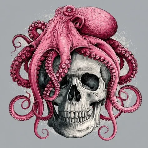 Pink Octopus Perched on Human Skull