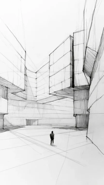Graphite Sketch of Brutalist Courtyard