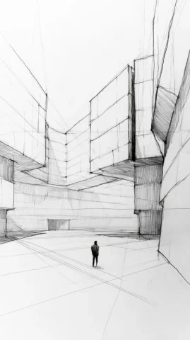 Graphite Sketch of Brutalist Courtyard — Nano Banana 2 AI Prompt: loose architectural graphite sketch of a vast brutalist concrete courtyard, a ti...