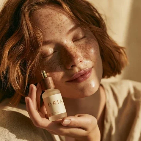 Freckled Model Cradling ORIA Serum Bottle