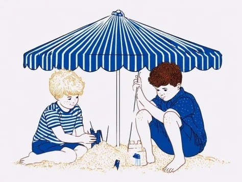 Cartoon Boys Playing in Sand — Nano Banana 2 AI Prompt: Blue yellow white color theme for two boys playing in the sand cartoon style --a...