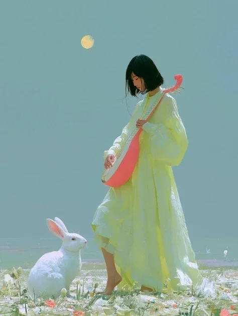 Korean Girl With Rabbit and Moon