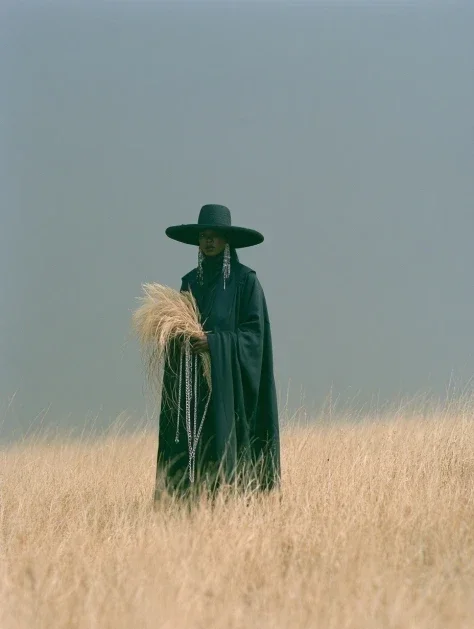 Wide Brim Hat Figure in Dry Grass