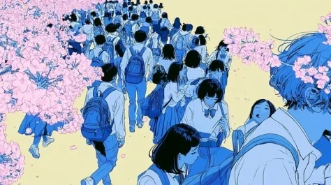 Anime Students Walk Under Cherry Blossoms