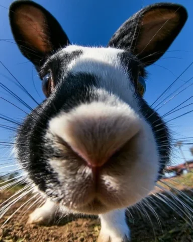 Grumpy Rabbit Fisheye Selfie — Nano Banana 2 AI Prompt: A grumpy black-and-white rabbit, ultra wide-angle GoPro selfie, 8mm fisheye lens...