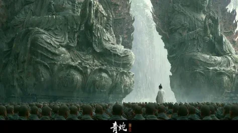 Green Snake Film Temple Scene — Nano Banana 2 AI Prompt: 还原徐克1993电影，青蛇电影质感和色调，古寺两侧巨大的佛教石佛像，画面中间无数光头...