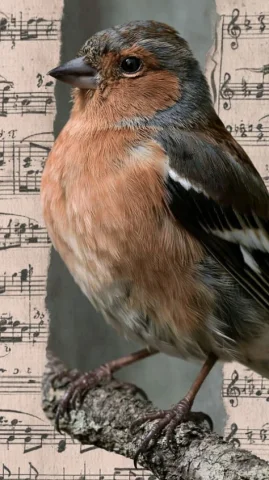 Chaffinch On Antique Music Score — Nano Banana 2 AI Prompt: A realistic photograph of a chaffinch, a songbird with the Latin name 'Fringilla...