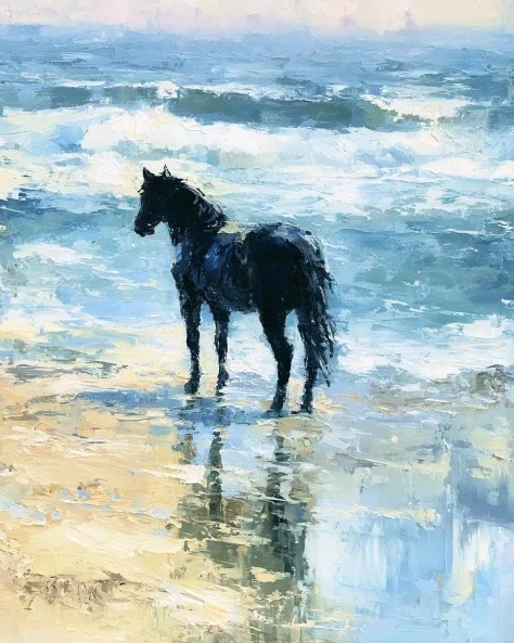 Black Horse on Sunlit Seashore