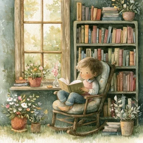 Child in Rocking Chair by Bookshelf — Nano Banana 2 AI Prompt: child sitting in a rocking chair in front of a bookshelf of books. summer outsid...
