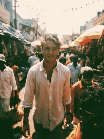 Happy Traveler in Tamil Nadu Market — Nano Banana 2 AI Prompt: A 24 YEAR OLD HAPPY INNOCENT MALE FOREIGNER IN TAMIL NADU CLOTHING MARKET WALKIN...