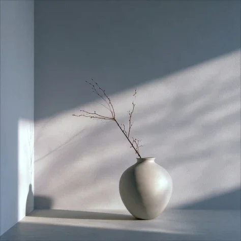Ceramic Jar With Drifting Shadows — Nano Banana 2 AI Prompt: The ceramic jar and branch are completely still and static. Only the soft diagon...