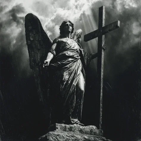 Monochrome Statue Against Stormy Sky — Nano Banana 2 AI Prompt: female statue holding a cross against dramatic stormy clouds, raging weather, bl...
