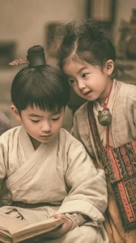 Young Scholar in Ancient Chinese Robe — Nano Banana 2 AI Prompt: A high-quality ancient Chinese style medium cinematic shot. A 6-year-old East As...