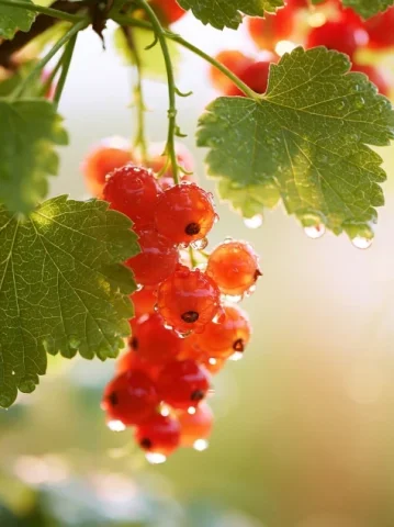 Sunlit Red Currants Impressionist Close-Up — Nano Banana 2 AI Prompt: A close-up of a bunch of red currants, the berries are transparent, the berries...