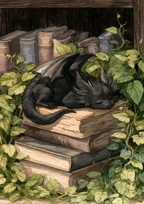 Black Dragon Asleep On Book Stack