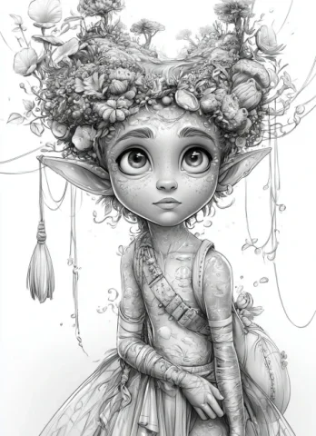 Water Elf Coloring Page — Nano Banana 2 AI Prompt: coloring page border of white all around image, stylish of a Hipstoric water elf...