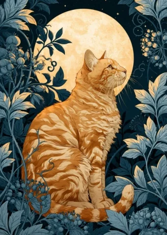 William Morris Tabby Cat Under Moon — Nano Banana 2 AI Prompt: Create me a William morris inspired image of a tabby cat sat under a giant full...