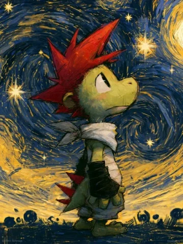 Green-Haired Hero in Starry Night Style — Nano Banana 2 AI Prompt: jr. depicted in a van gogh inspired art style. he stands upright with a green he...