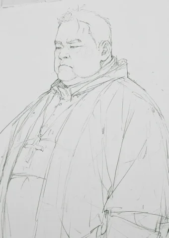 Pencil Portrait of a Priest — Nano Banana 2 AI Prompt: Realistic, simple pencil portrait of a priest, overweight, plain paper --no note...