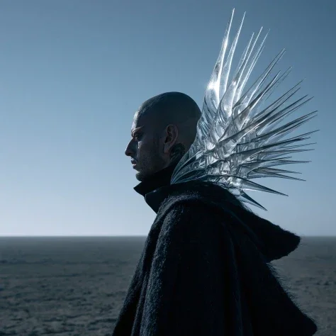Alien Couture With Ice Sculpture Collar — Nano Banana 2 AI Prompt: avant-garde fashion editorial, front profile of a modern alien in a alient lands...