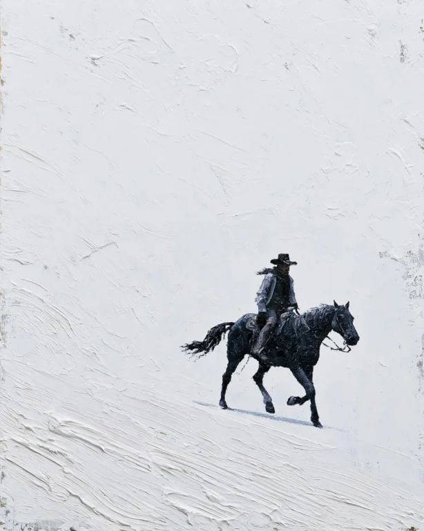 Cowboy on Black Horse in White Impasto