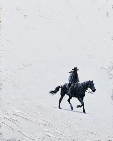 Cowboy on Black Horse in White Impasto — Nano Banana 2 AI Prompt: A bold, cowboy riding black horse positioned in the lower right corner of the ca...