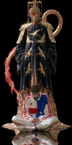 Gold Masked Deity With Flaming Tail — Nano Banana 2 AI Prompt: A full shot fantasy scene on a black background. A large male figure stands with...