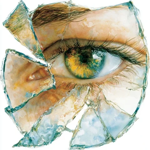 Afrofuturist Broken Mirror Watercolor — Nano Banana 2 AI Prompt: Eye open now, broken two-way mirror, governmet lies, Afro Futuristic dystopian w...
