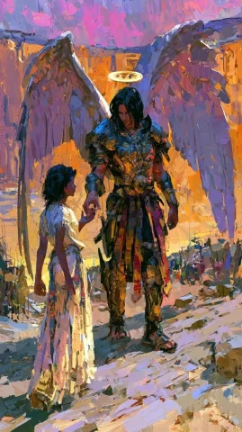 Angel Reaching for Israelite Woman — Nano Banana 2 AI Prompt: biblical scene, a male angel reaching out to grab the hand of a young beautiful...