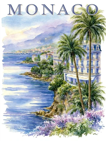 Monaco Riviera Watercolor Tee Design — Nano Banana 2 AI Prompt: sophisticated watercolor graphic for t-shirt back, a glamorous scenic view of le...