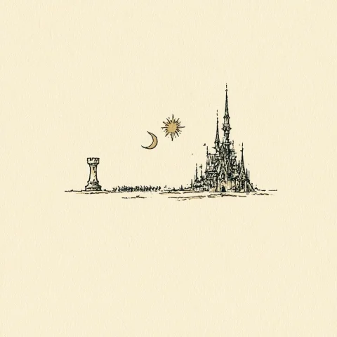 Chess Rook Versus Vampire Spire — Nano Banana 2 AI Prompt: two opposing fantasy castles on a cream battlefield, a chess-rook tower on the l...