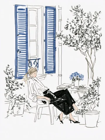 Courtyard Chair Balance Coloring Page — Nano Banana 2 AI Prompt: a person outside in a french courtyard, leaning back on a plastic chair, balanci...
