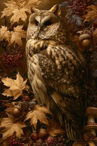 Autumn Owl Oil Painting — Nano Banana 2 AI Prompt: Masterpiece oil painting of a magnificent autumn owl perched in an enchanted woo...