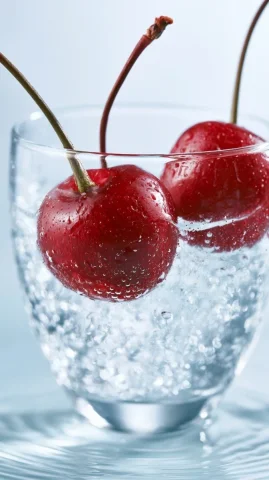 Cherries in Sparkling Water Glass — Nano Banana 2 AI Prompt: two glossy red cherries inside a clear glass cup filled with sparkling water, so...
