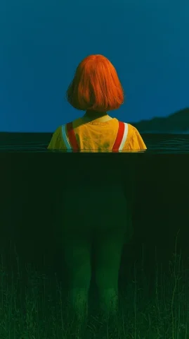 Orange Bob Girl Wading Dark Waters — Nano Banana 2 AI Prompt: a person with vibrant orange, bobbed hair is centered in the frame, seen from th...