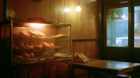 Empty 1975 Seoul Dabang on 35mm Film — Nano Banana 2 AI Prompt: Empty vintage Korean dabang interior, 1975, Seoul Jongno district, glass donut d...