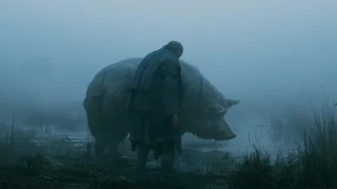 Ragged Wanderer in Misty Greek Swamp — Nano Banana 2 AI Prompt: A man in a tattered, ragged pig swamp, his clothes torn and tattered, his back v...