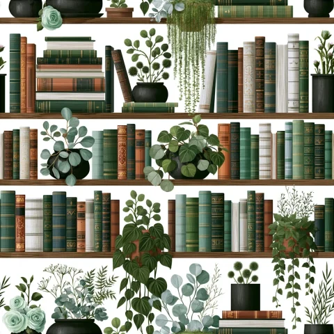Bookshelves With Mint Roses Pattern — Nano Banana 2 AI Prompt: lots of detailed books on rows of wood shelves, black pots, mint roses, hanging...