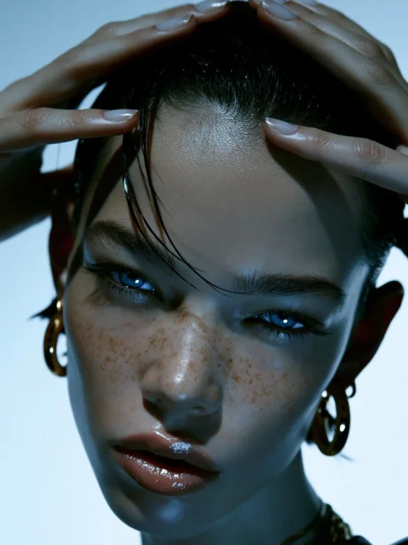 Freckled Beauty With Hands on Head