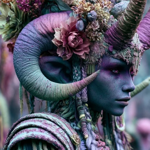 Purple Demon Woman in Roman Garb — Nano Banana 2 AI Prompt: Photorealistic creepy alien - animal woman with extravagant head dress, cinemati...