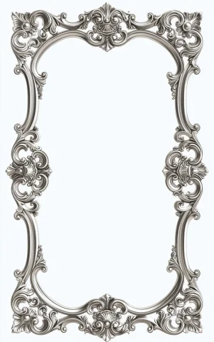Baroque Iron Filigree Frame — Nano Banana 2 AI Prompt: thin ornate baroque line art frame, elegant vertical iron outline frame, symmetr...