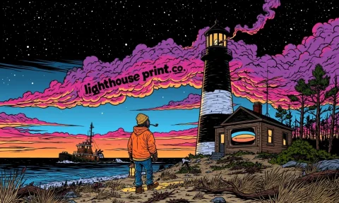 Lighthouse Keeper at Dawn Print — Nano Banana 2 AI Prompt: A lighthouse keeper walks through the night toward a large black and white light...