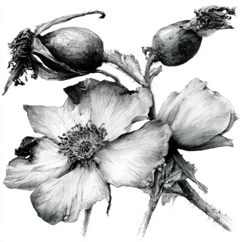 Wild Roses Fine Line Drawing — Nano Banana 2 AI Prompt: wild roses fine line illustration in black on white background --chaos 50 --raw...