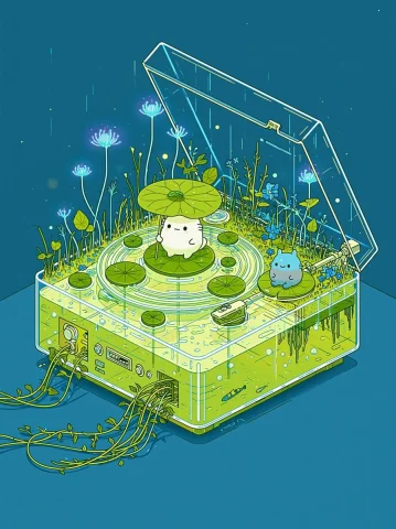 Lotus Pond Inside Record Player Box — Nano Banana 2 AI Prompt: A soothing, fairytale miniature scene on a deep blue night background. An open t...