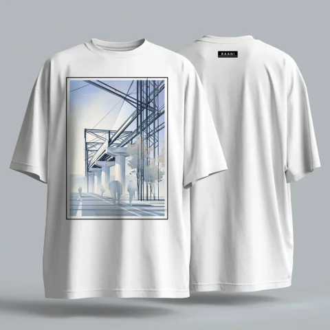 Transit Architecture Streetwear Tee Mockup — Nano Banana 2 AI Prompt: Create a premium mockup of a white oversized streetwear T-shirt. The front featu...