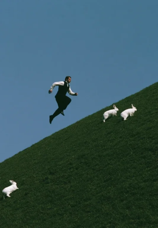 Man Leaping on Hill With Rabbits